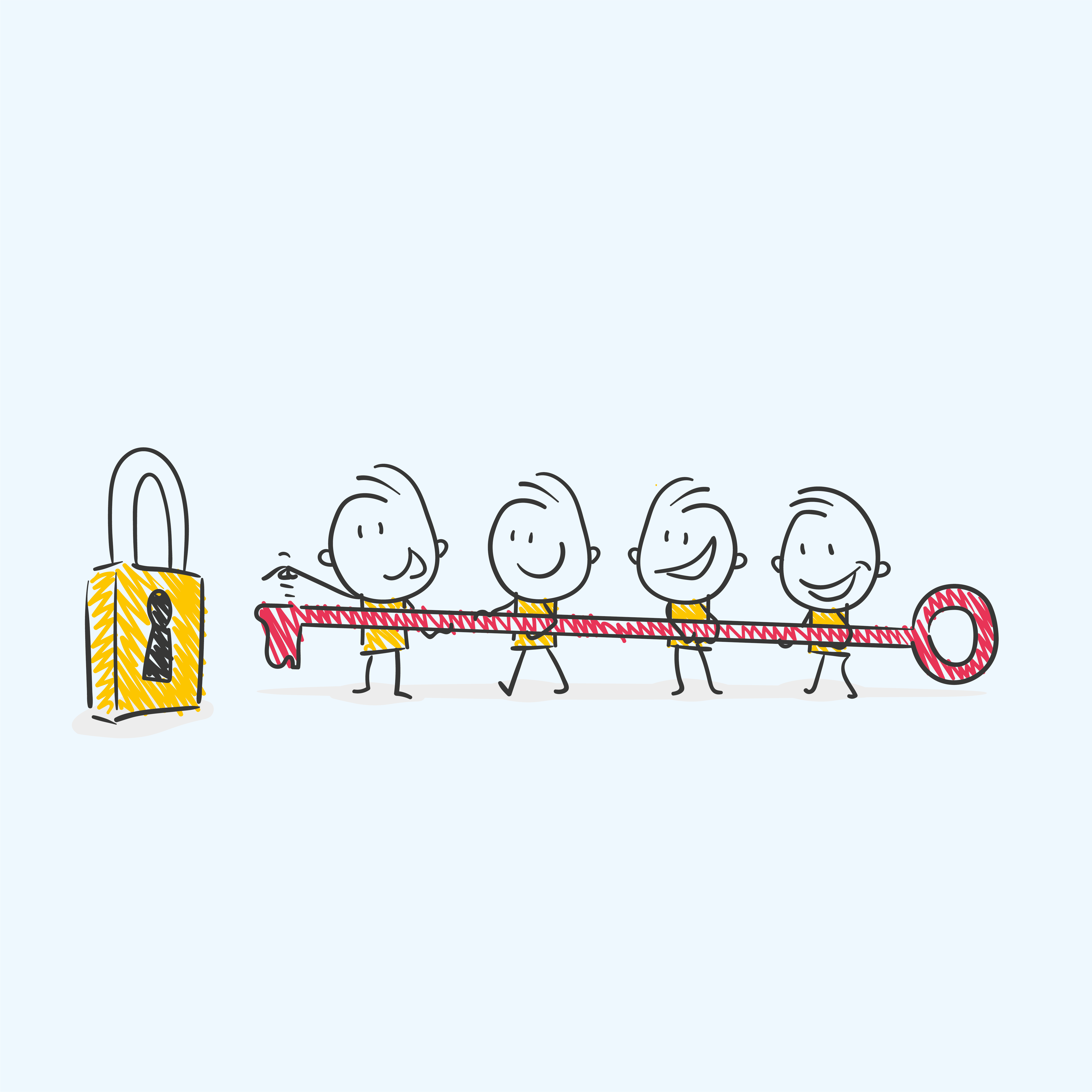 Quatre personnages transportent une grande clé vers un grand cadenas