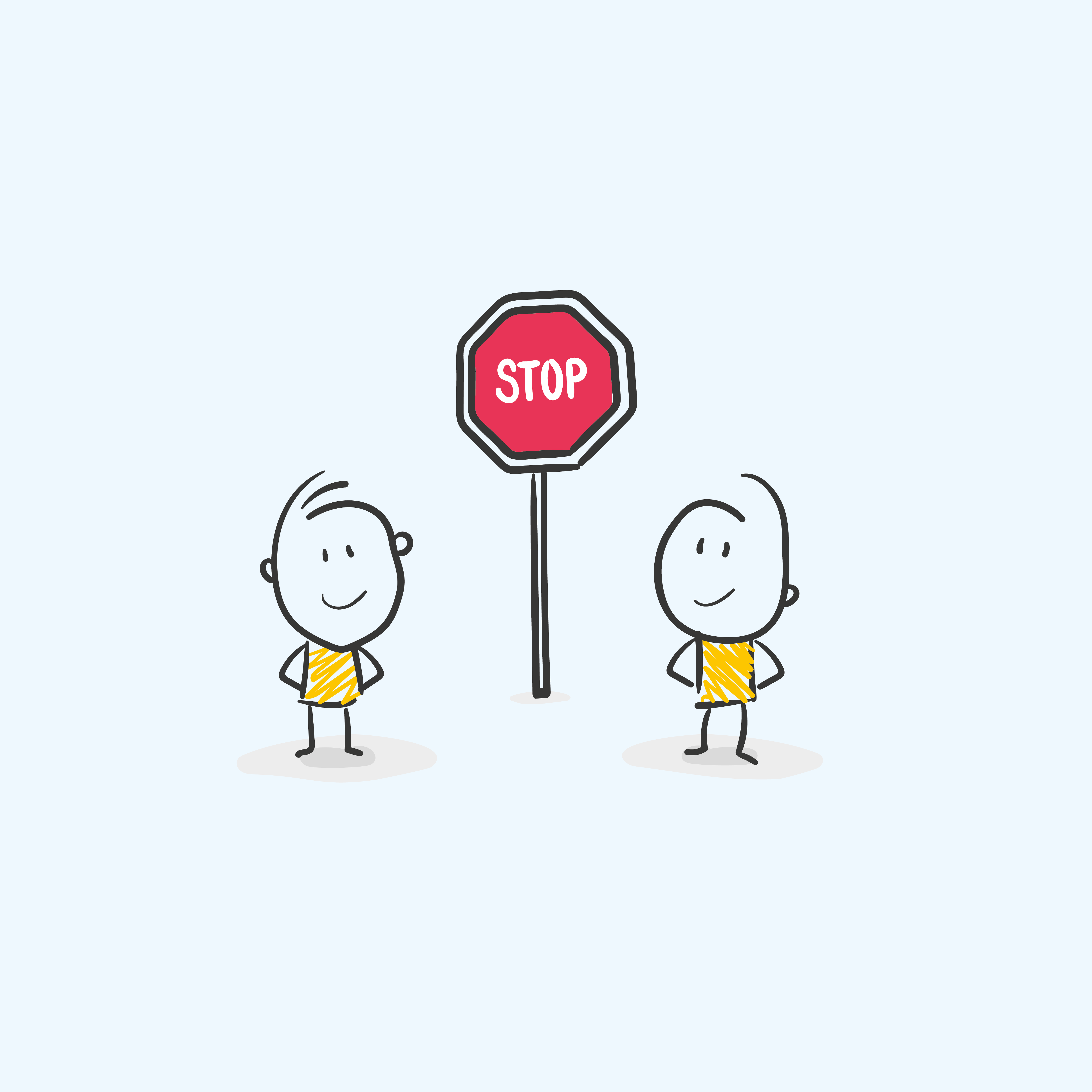 Deux personnages sont arrêtés devant un panneau d'arrêt