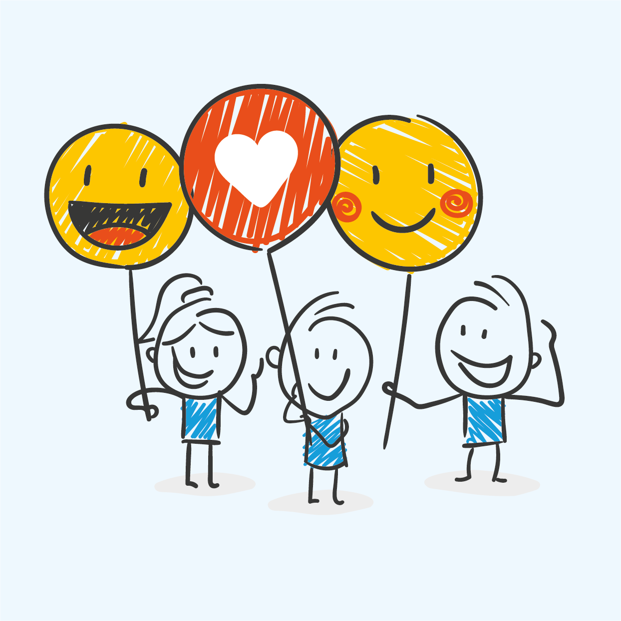 Trois personnages tiennent des ballons représentant des visages avec sourire et un coeur