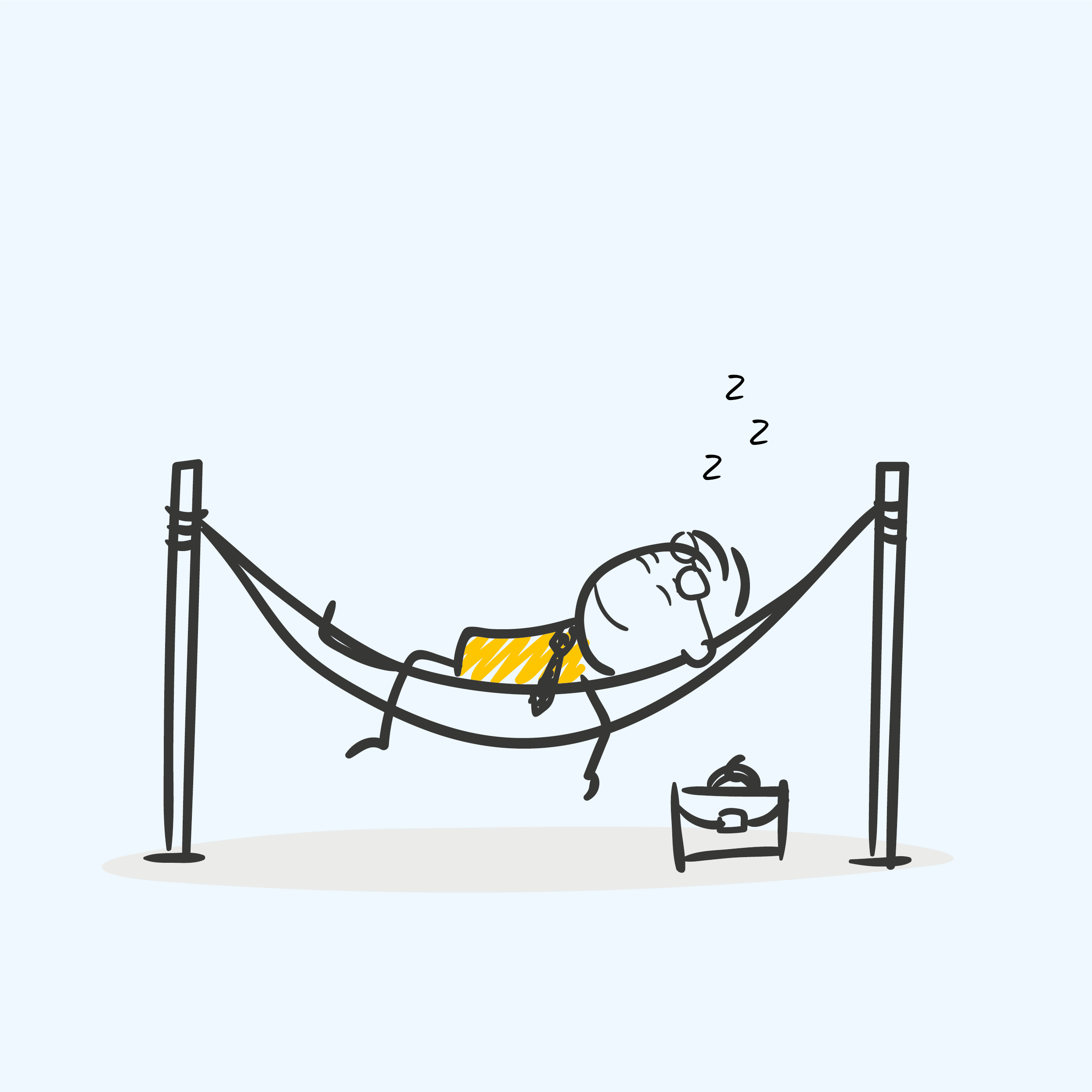 Un personnage dort dans un hamac