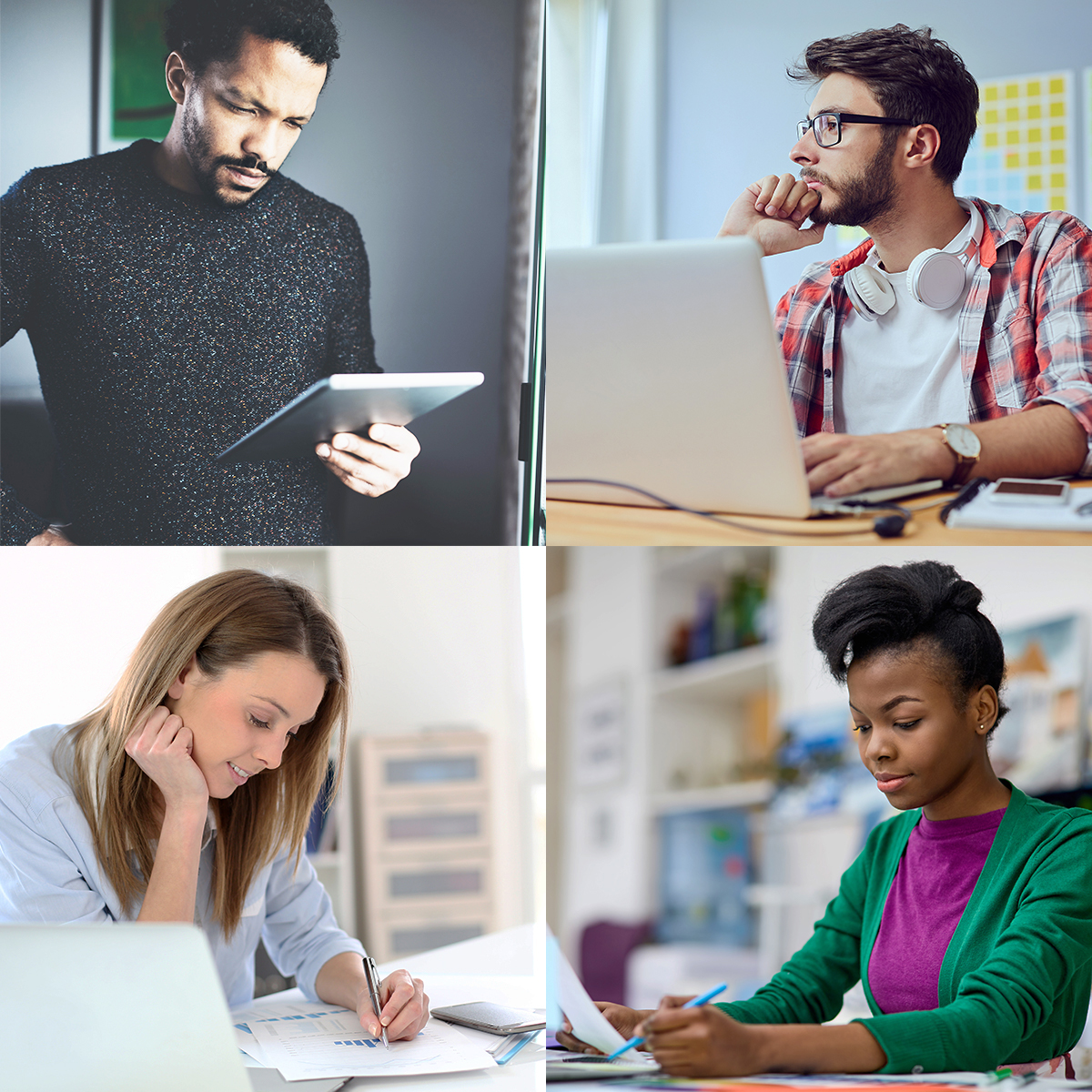 Deux hommes et deux femmes sont concentrés et regardent un document à l'ordinateur